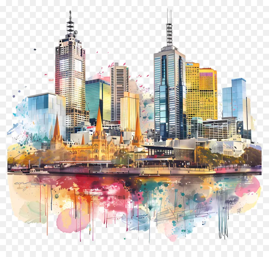 Melbourne City Skyline，Paysage Urbain Aquarelle PNG