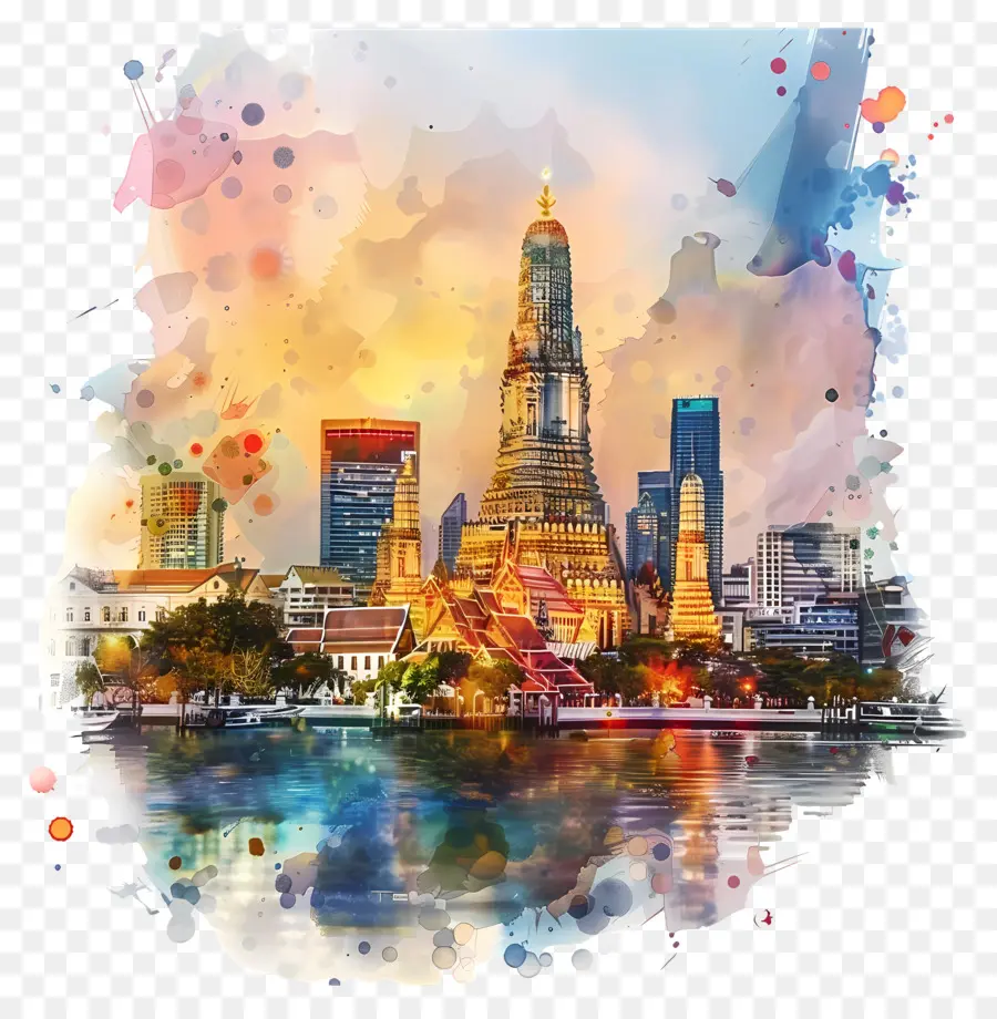 Bangkok Skyline，Peinture à L'aquarelle PNG
