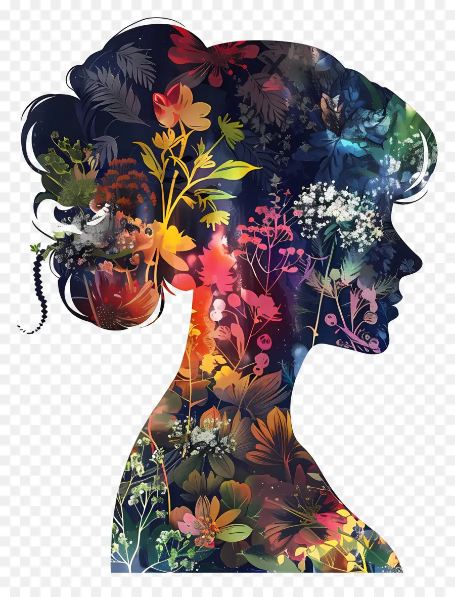 Silhouette De Fille，Femme Avec Des Fleurs PNG