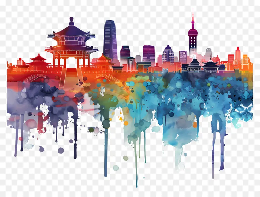 Skyline De Pékin City，Aquarelle Skyline PNG