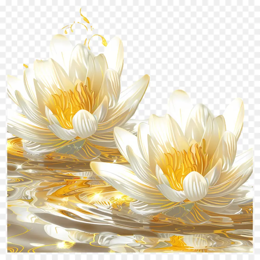 Nénuphars Dorés，Fleurs De Lotus Blanches PNG