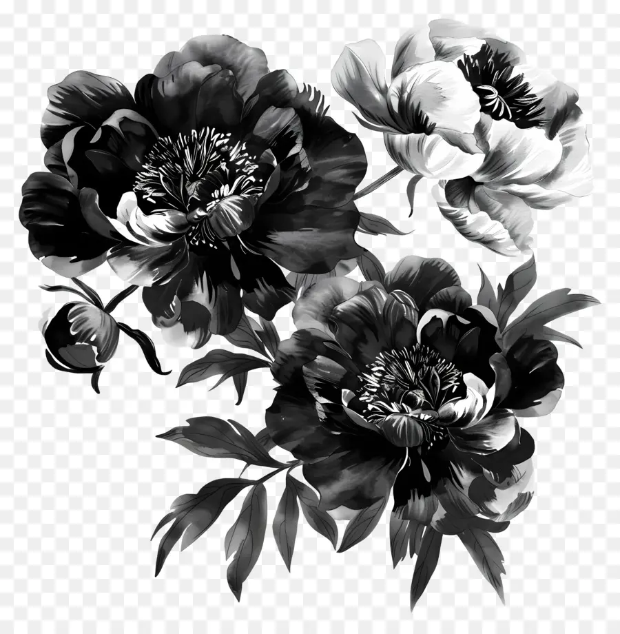 Pivoines Noires，Noir Et Blanc Fleurs PNG