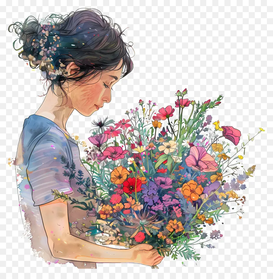 Femme，Femme Avec Des Fleurs PNG