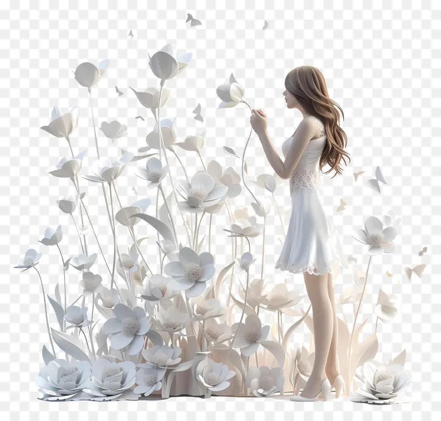 Femme，Fille Aux Fleurs Blanches PNG