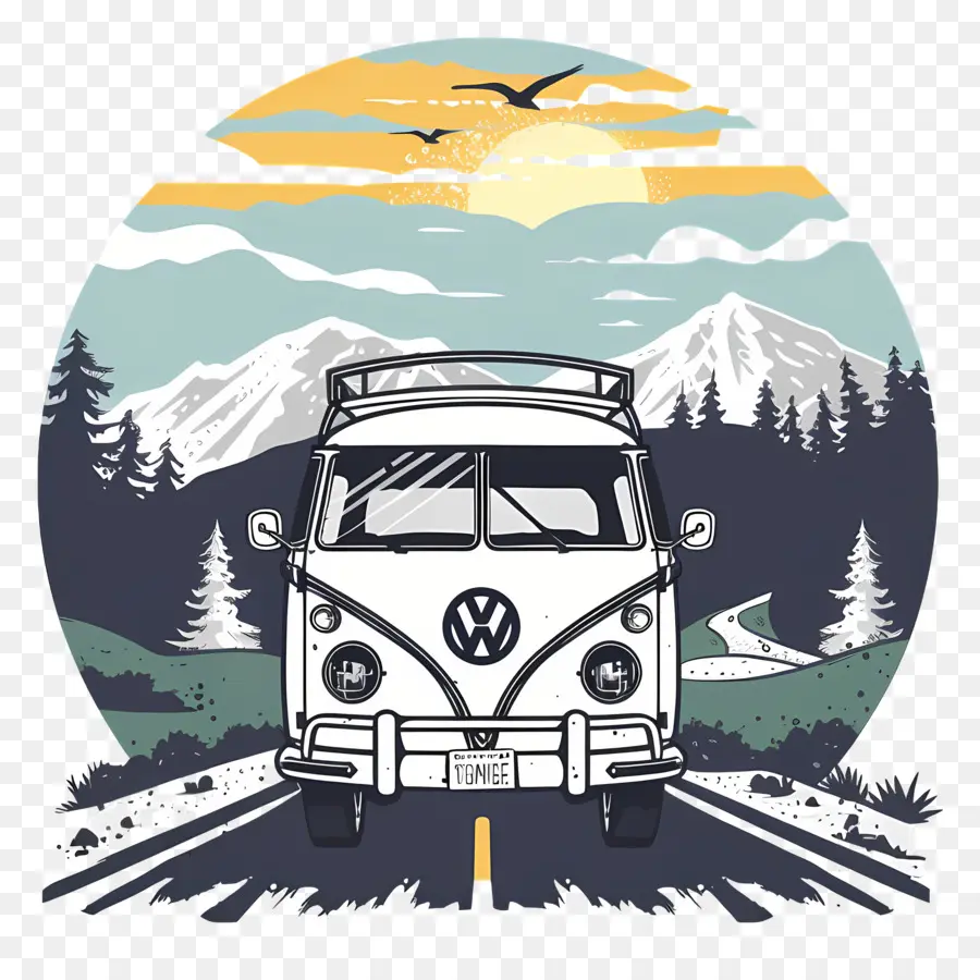 Jour De Voyage Sur La Route，Bus Volkswagen Vintage PNG
