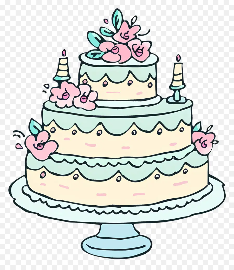 Gâteau De Mariage，Fleurs Roses Et Vertes PNG