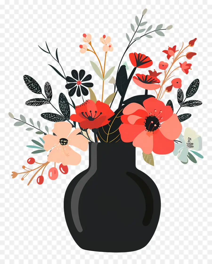 Noir Vase，Arrangement De Fleurs PNG