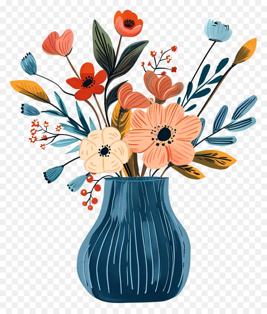 Vase Bleu，Fleurs Colorées PNG