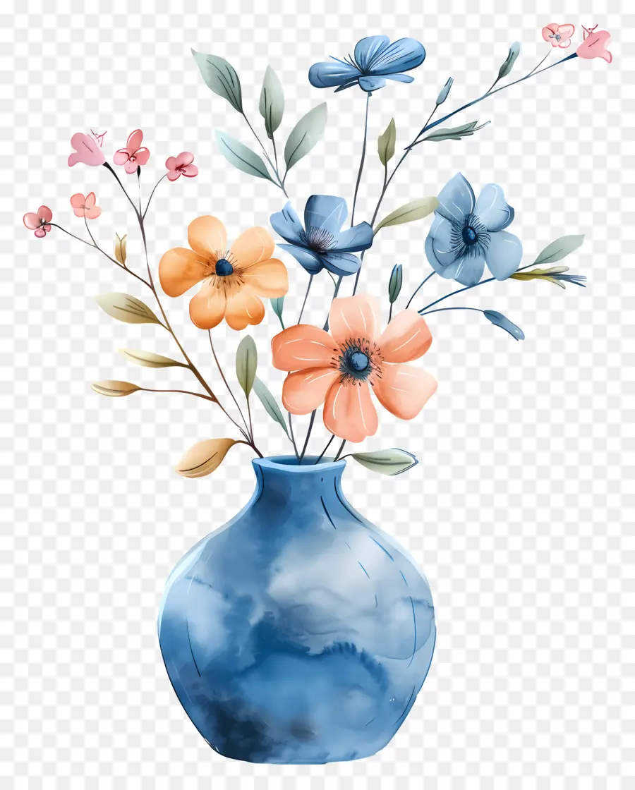 Vase Bleu，Aquarelle Fleurs PNG