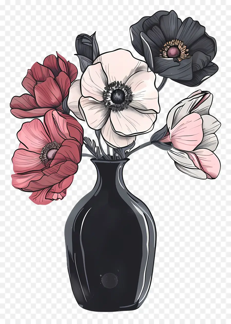 Noir Vase，Fleurs Roses Et Blanches PNG
