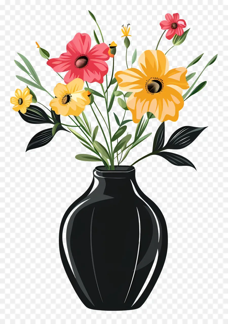 Noir Vase，Fleurs Colorées PNG