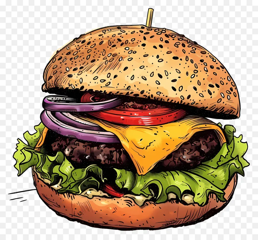 Hamburger Au Fromage，Illustration Dessinés à La Main PNG