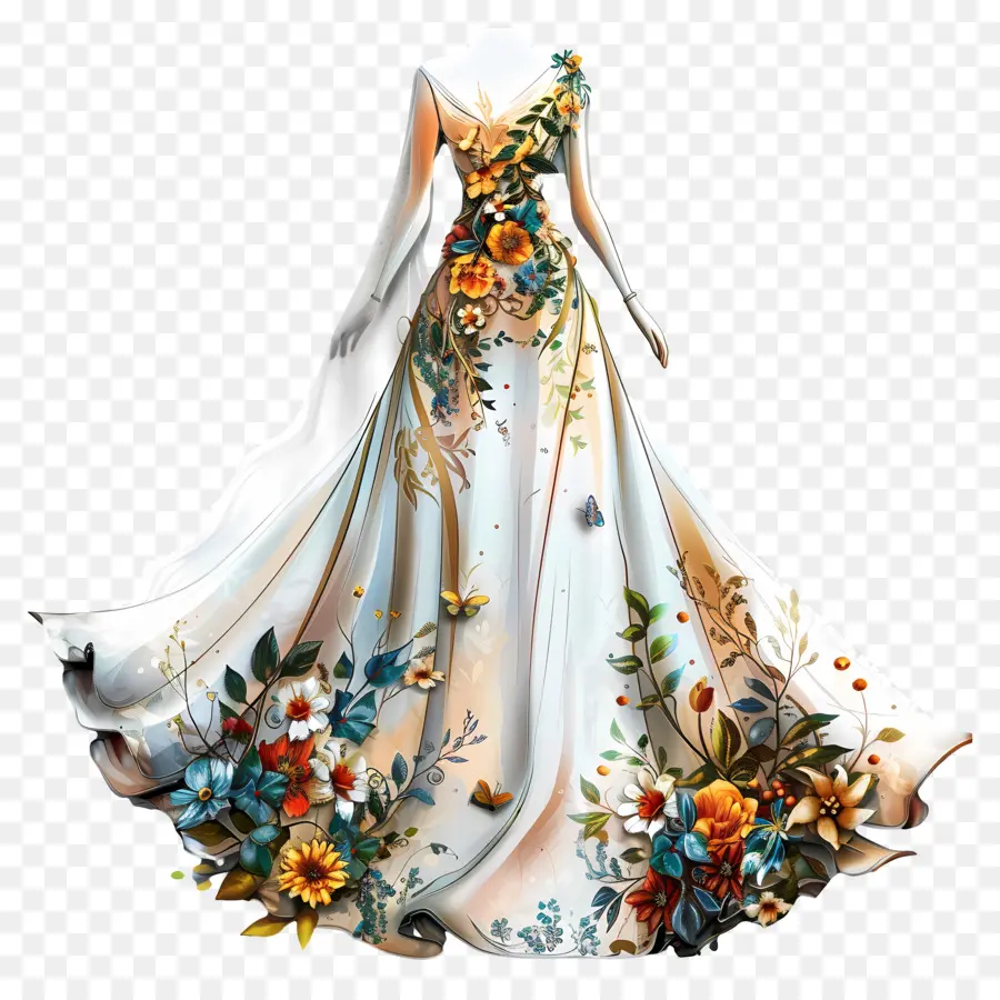 Robe De Mariée Blanche，Robe à Motif Floral PNG