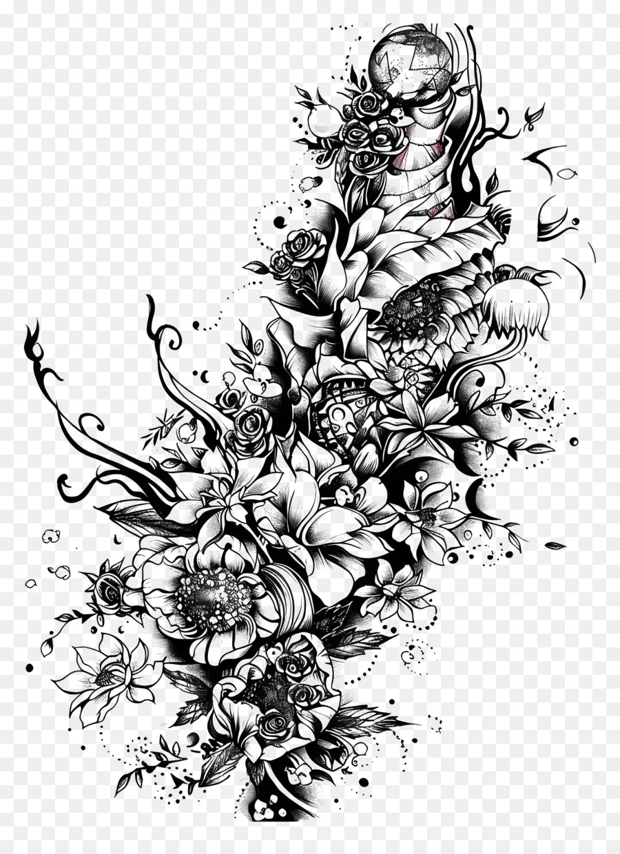 Manchon De Tatouage，Motifs Floraux Sombres PNG