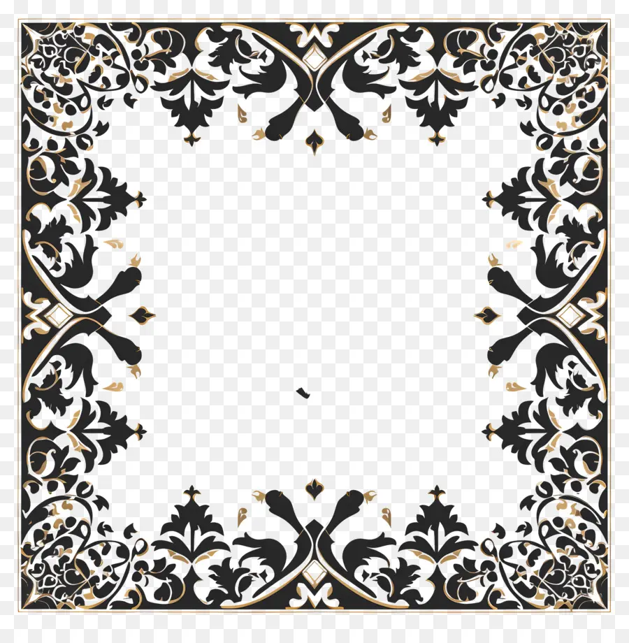 Motif Border Islamic Pattern，Cadre Floral Noir Et Or PNG
