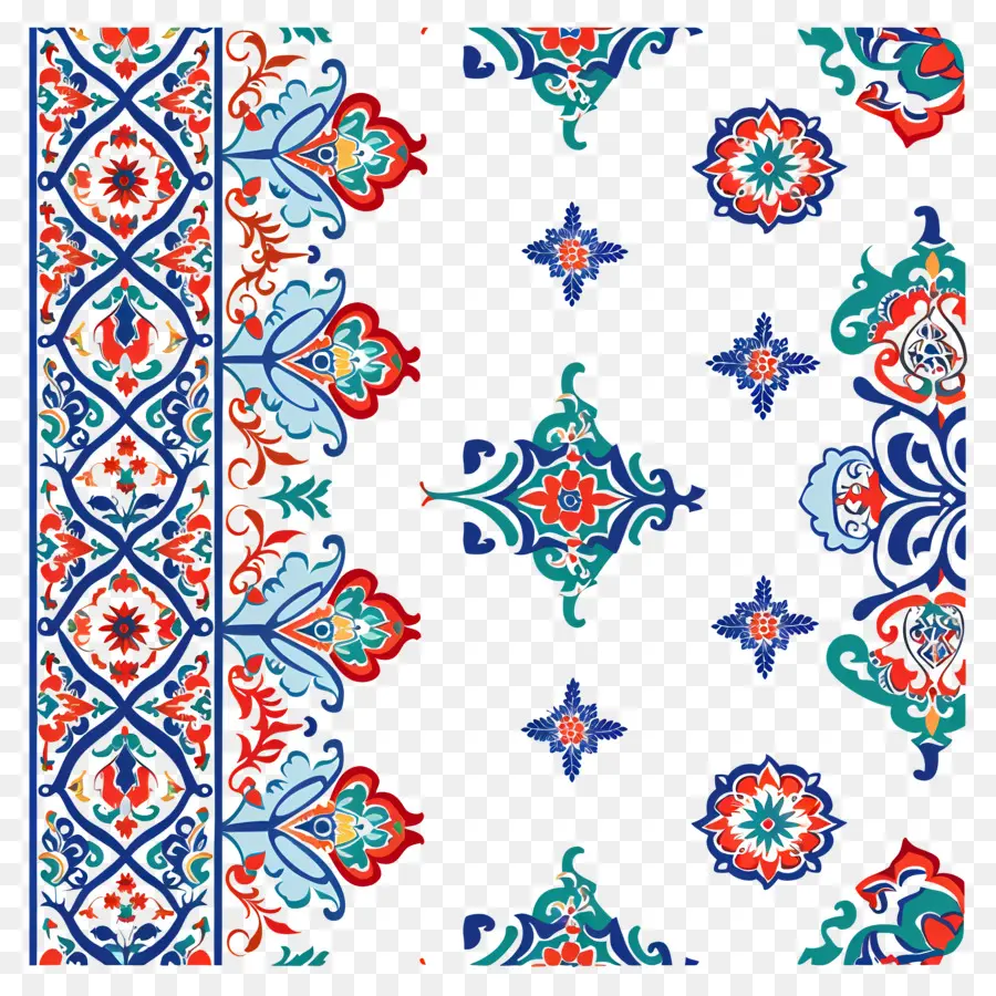 Motif Border Islamic Pattern，Motif Floral Bleu Et Rouge PNG