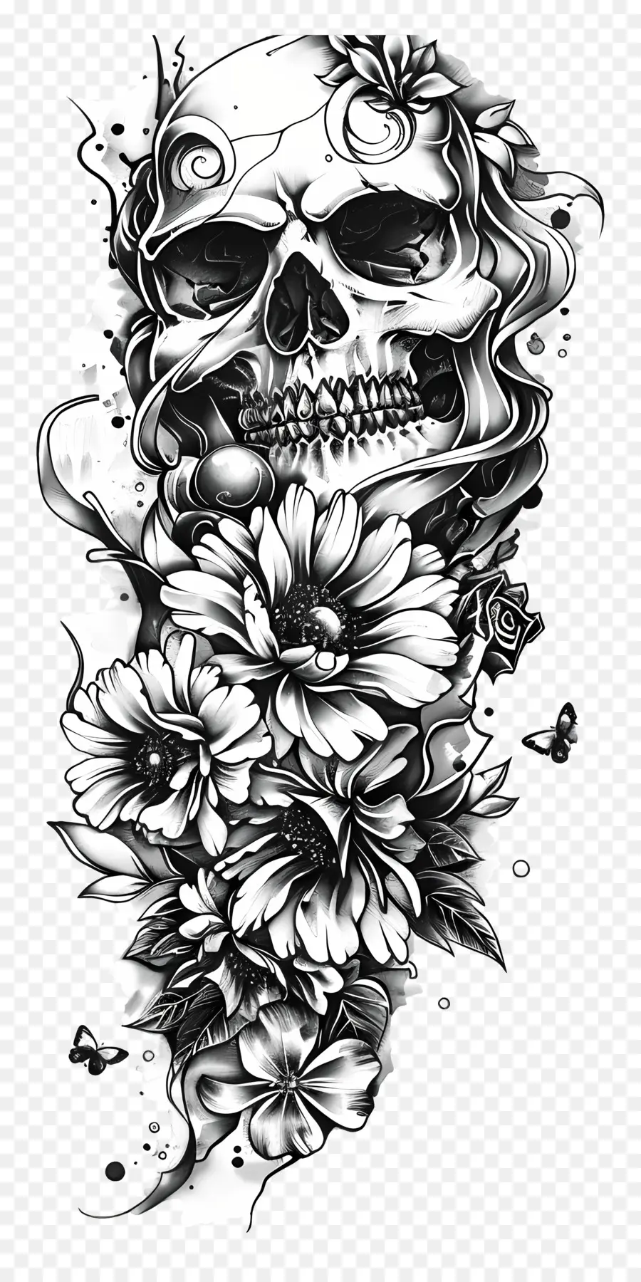 Tatouage Sur La Manche，Crâne Et Fleurs PNG