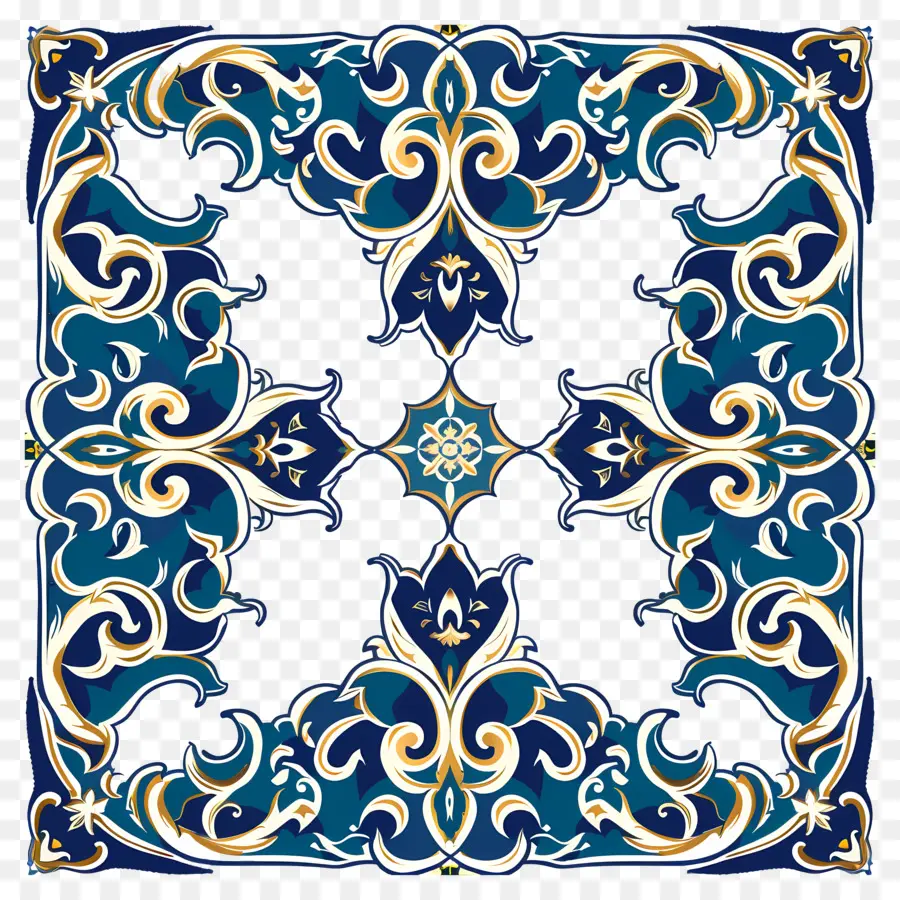 Motif Border Islamic Pattern，Tapisserie Florale Bleue Et Or PNG