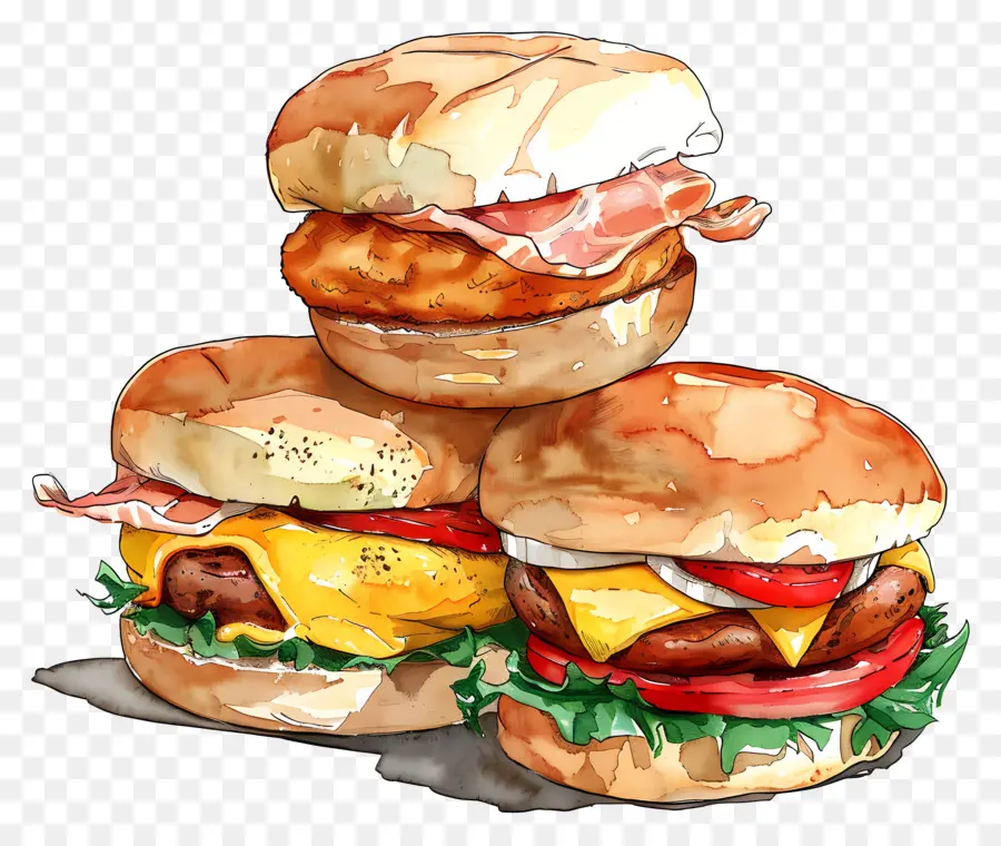 Les Sandwiches De Petit Déjeuner，Peinture à L'aquarelle PNG