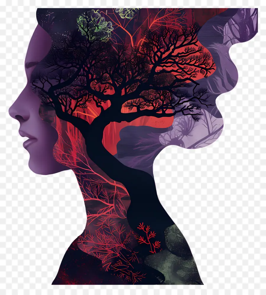 Portrait De Femme，Silhouette Avec Arbre PNG