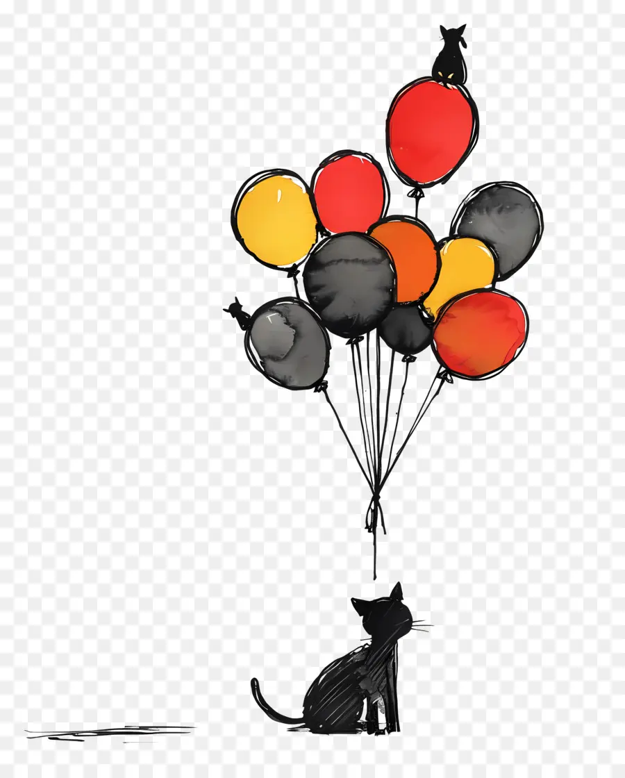 Des Ballons，Chat Noir Avec Des Ballons PNG