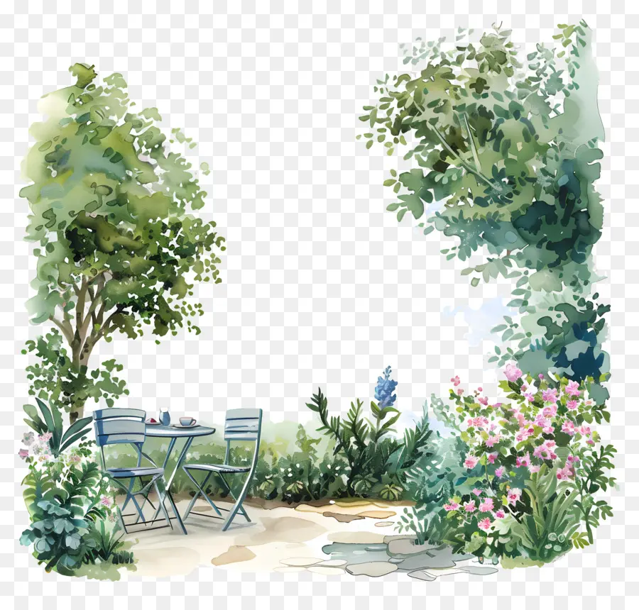 Cour D'été，Jardin Avec Table Et Chaises PNG