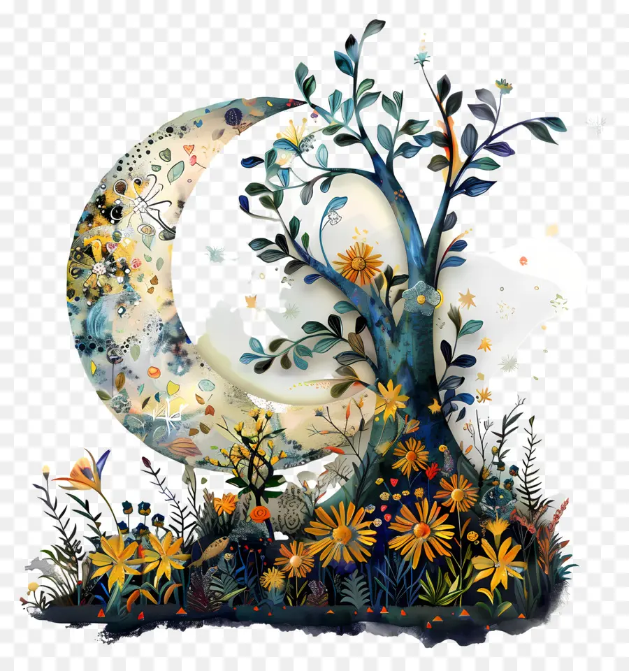 Nuit D'été，Arbre Et Lune PNG