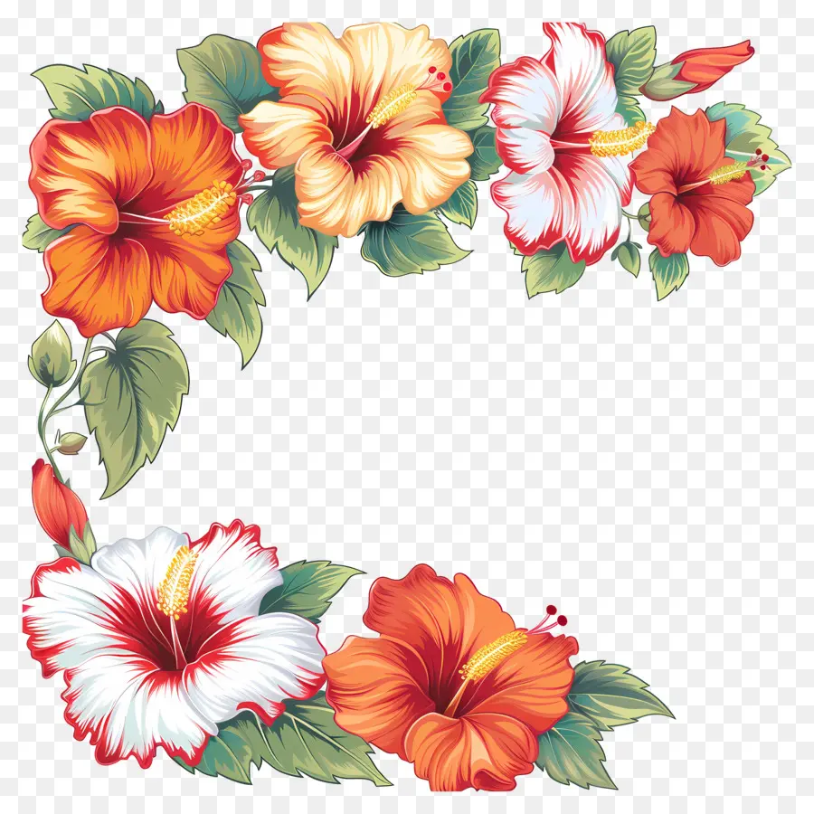 Floral Frontière，Hibiscus Orange Et Rouge PNG