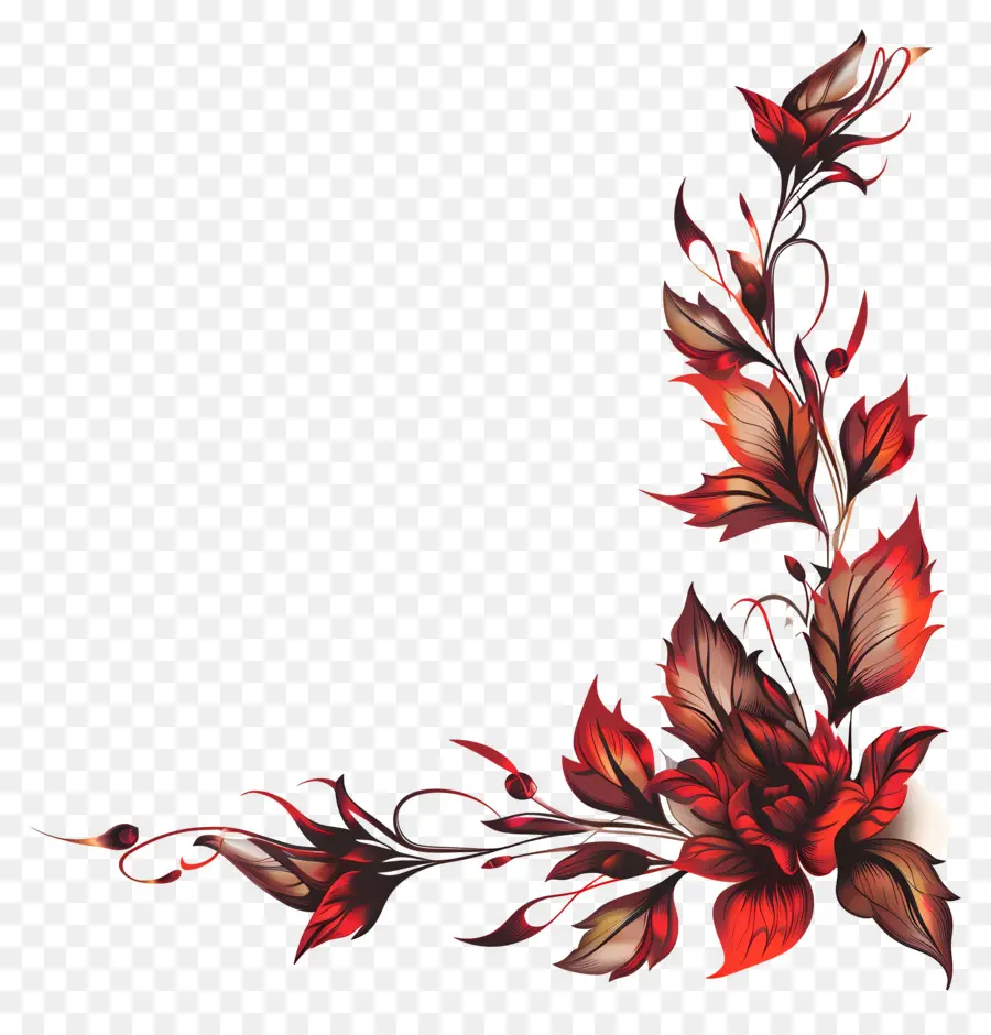 Bordure De Feuille De Coin，Motif Floral Rouge Et Marron PNG