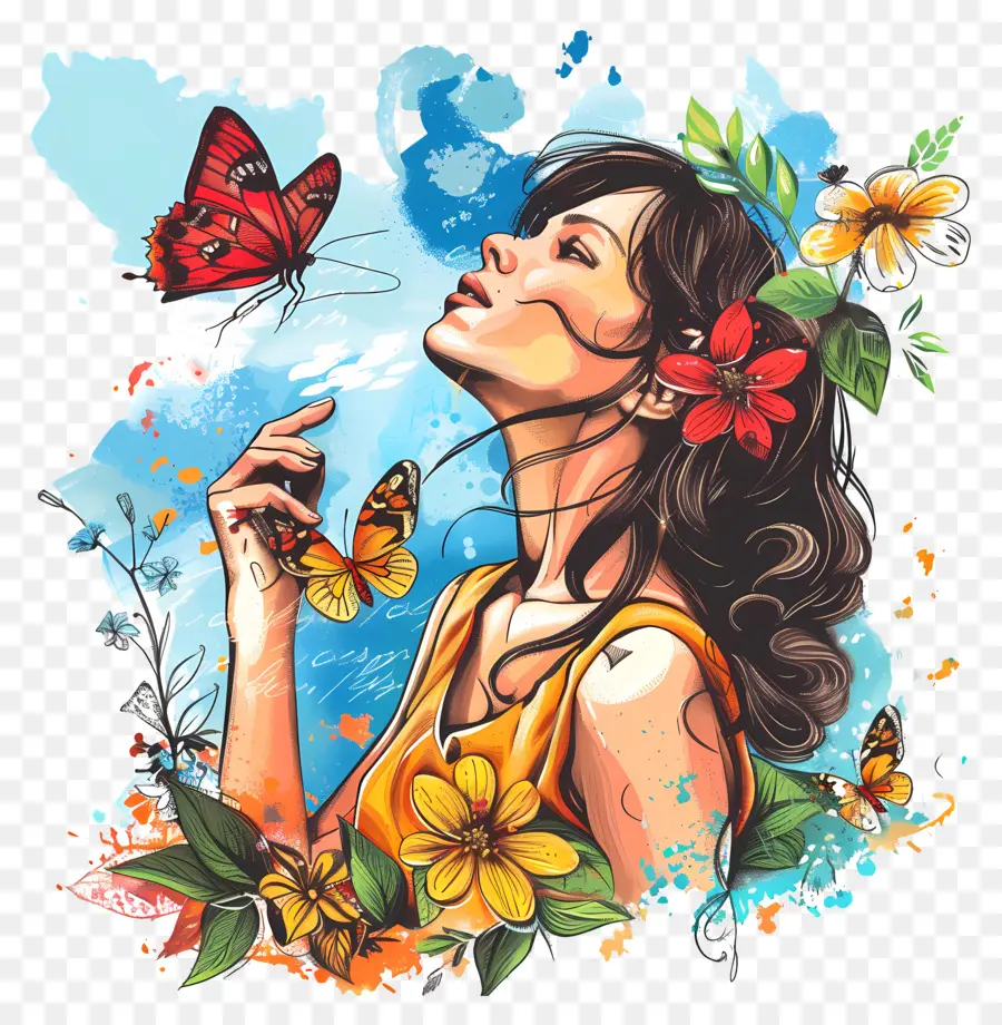 Fille，Femme Avec Des Fleurs PNG