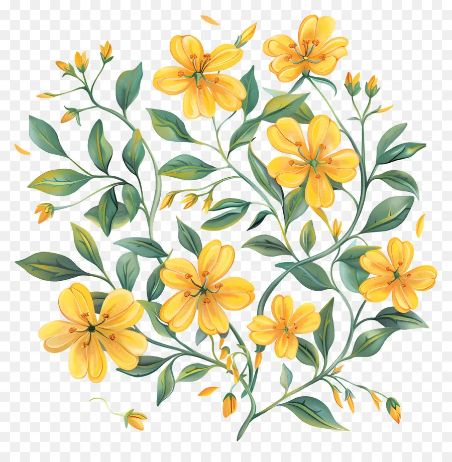 Fleurs Jaunes，Feuilles Vertes PNG