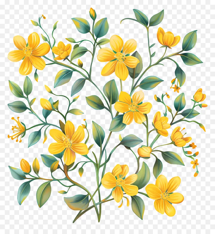 Fleurs Jaunes，Feuilles Vertes PNG