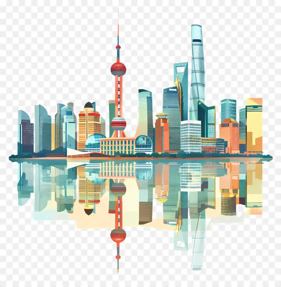 La Ville De Shanghai，Illustration Aquarelle PNG