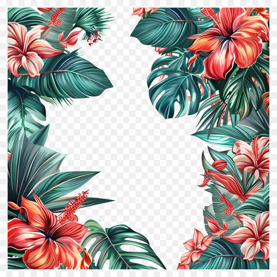 Bordure Des Feuilles Tropicales，Fleurs Tropicales PNG