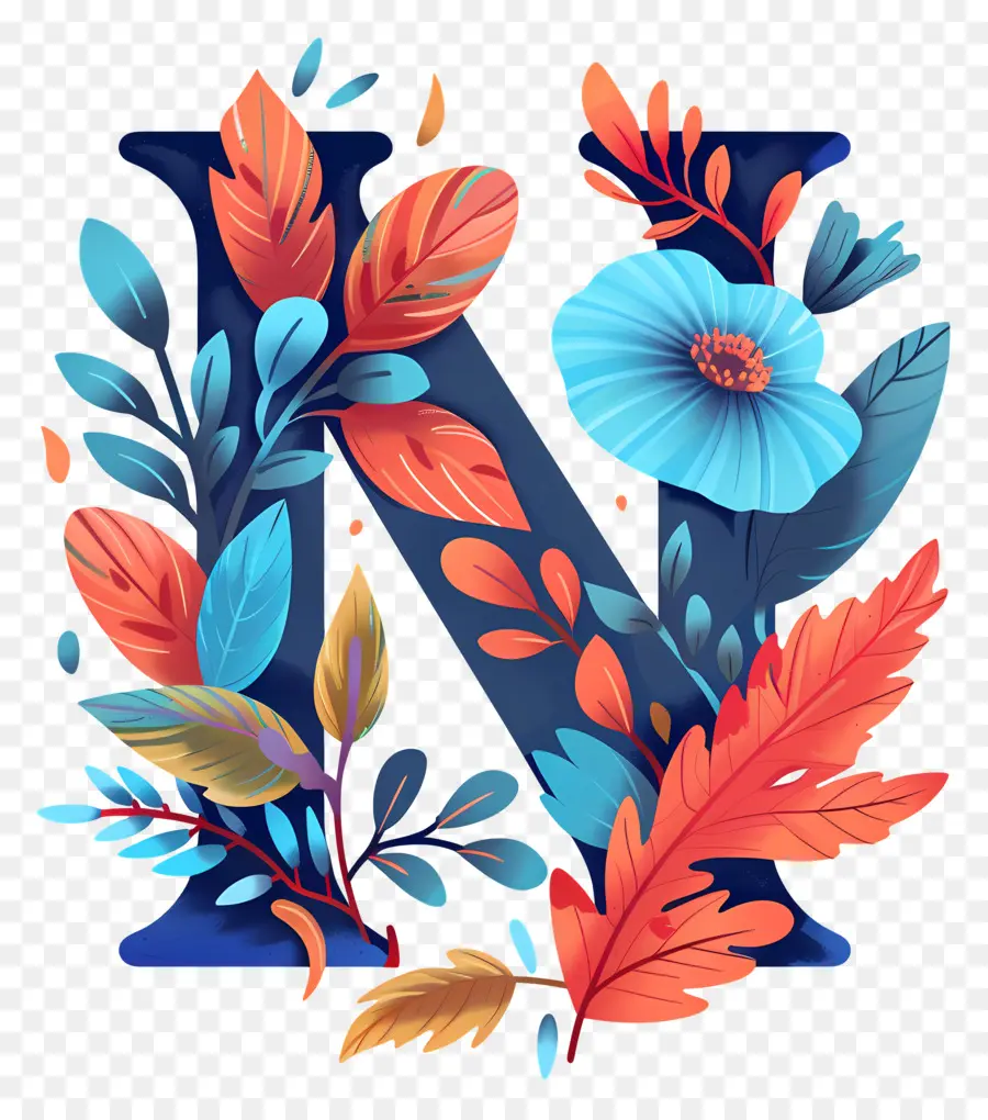 Lettre N，Typographie Florale PNG