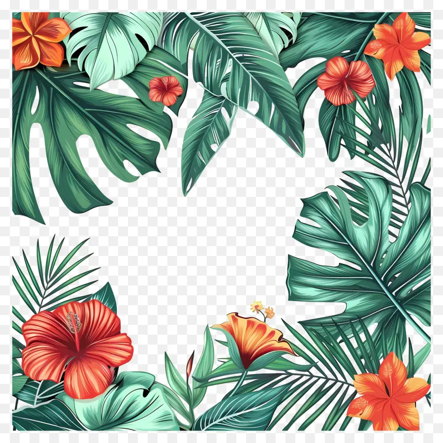 Bordure Des Feuilles Tropicales，Fleurs Tropicales PNG