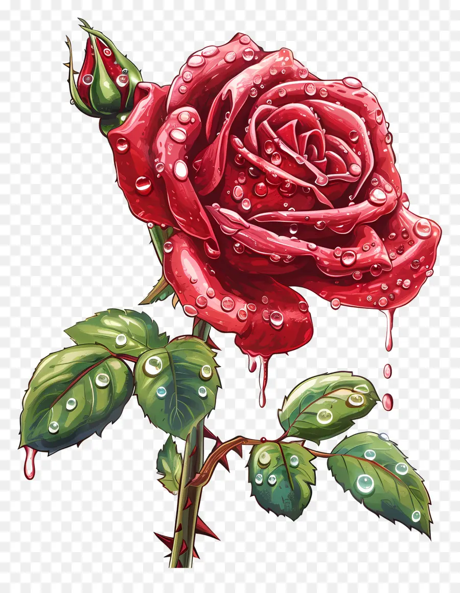 Rose Rouge，Des Gouttelettes D'eau PNG