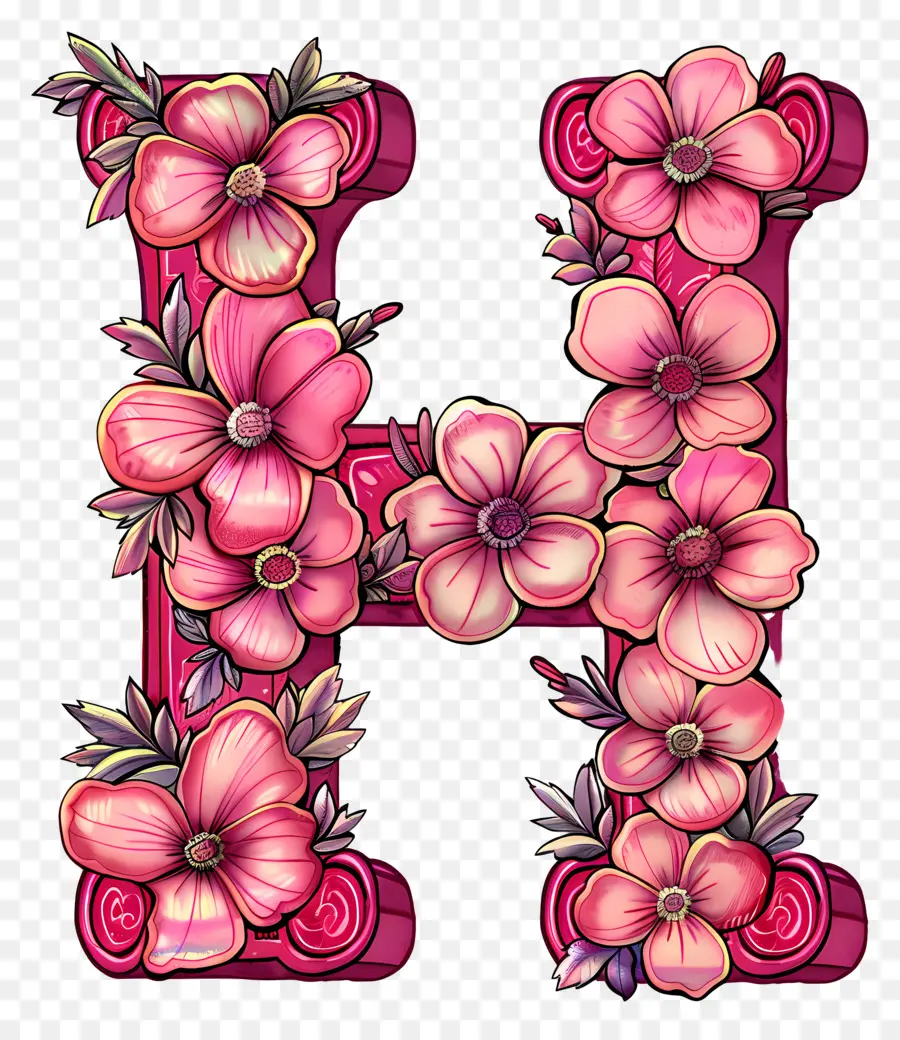 Lettre H，Lettre Florale Rose PNG