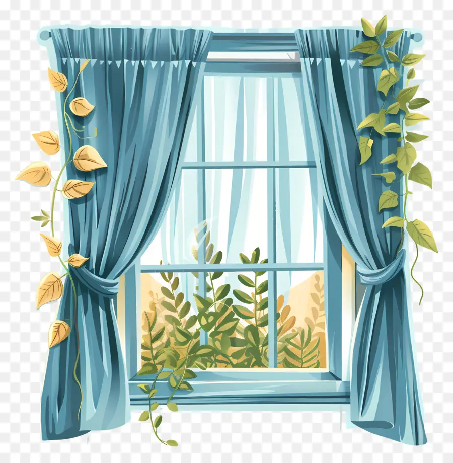 Fenêtre Avec Rideaux，Rideau Bleu PNG