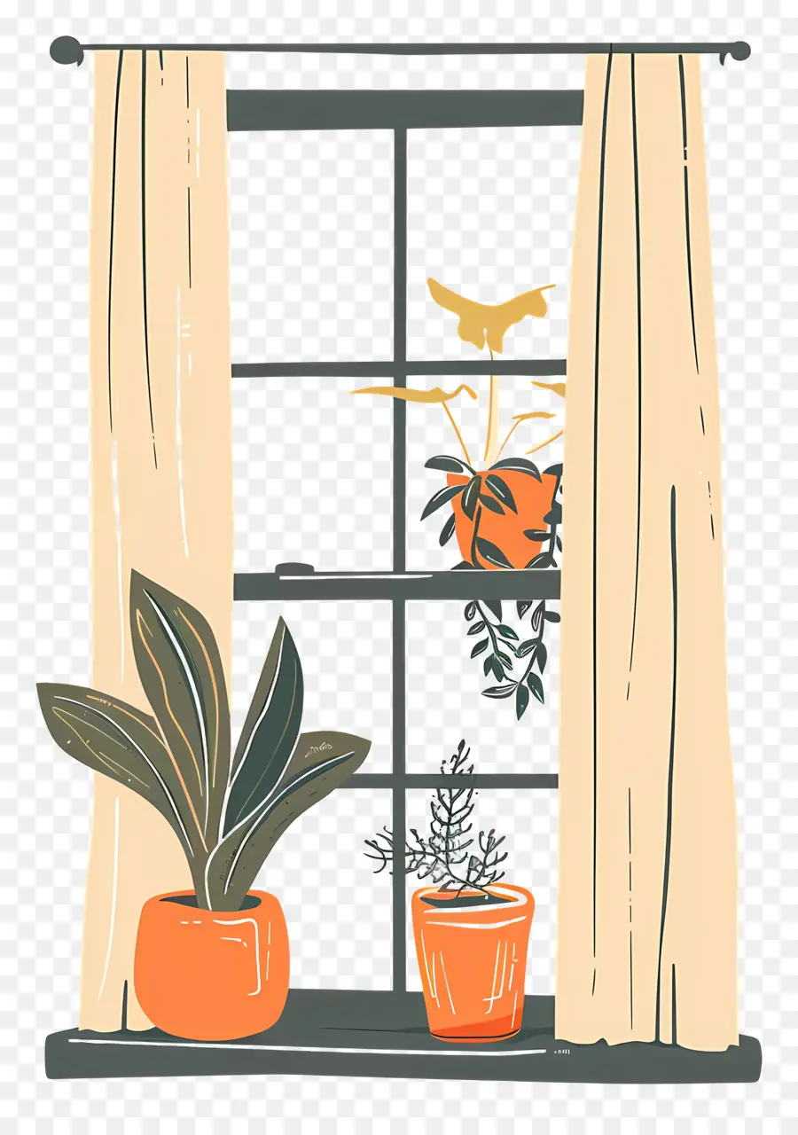Fenêtre Avec Rideaux，Les Plantes En Pot PNG