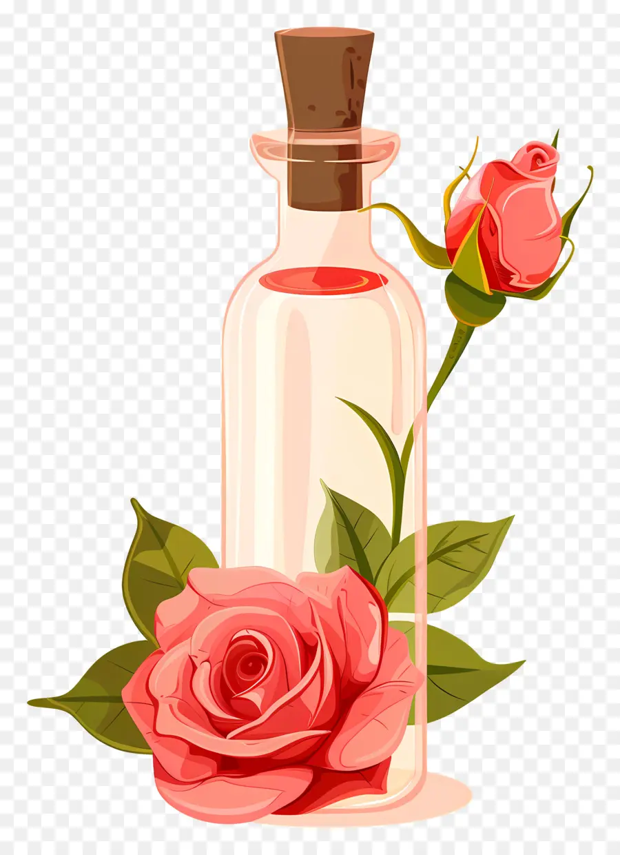 Huile De Rose，Rose Et Bouteille PNG