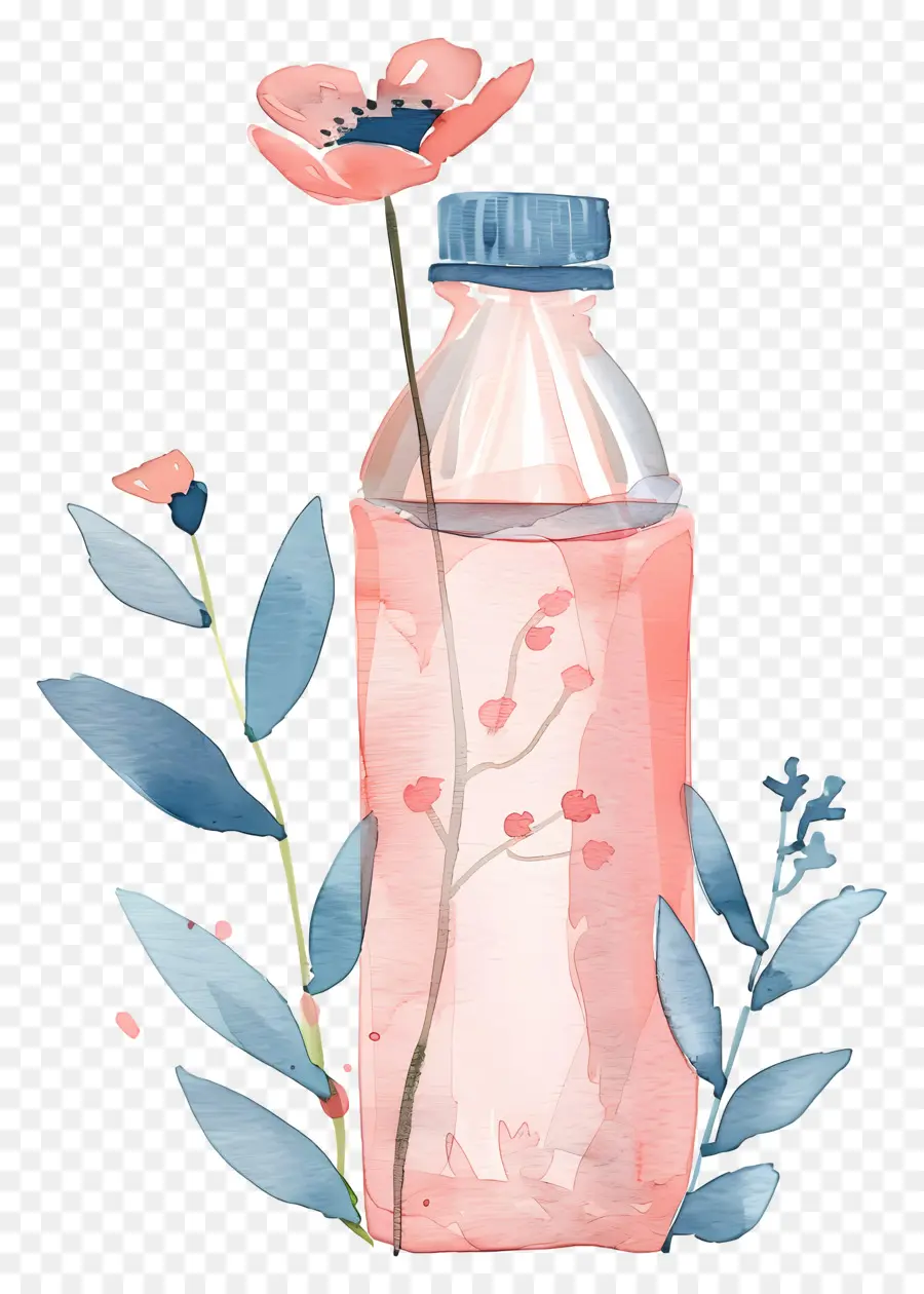 Bouteille D'eau，Bouteille Aquarelle Avec Des Fleurs PNG