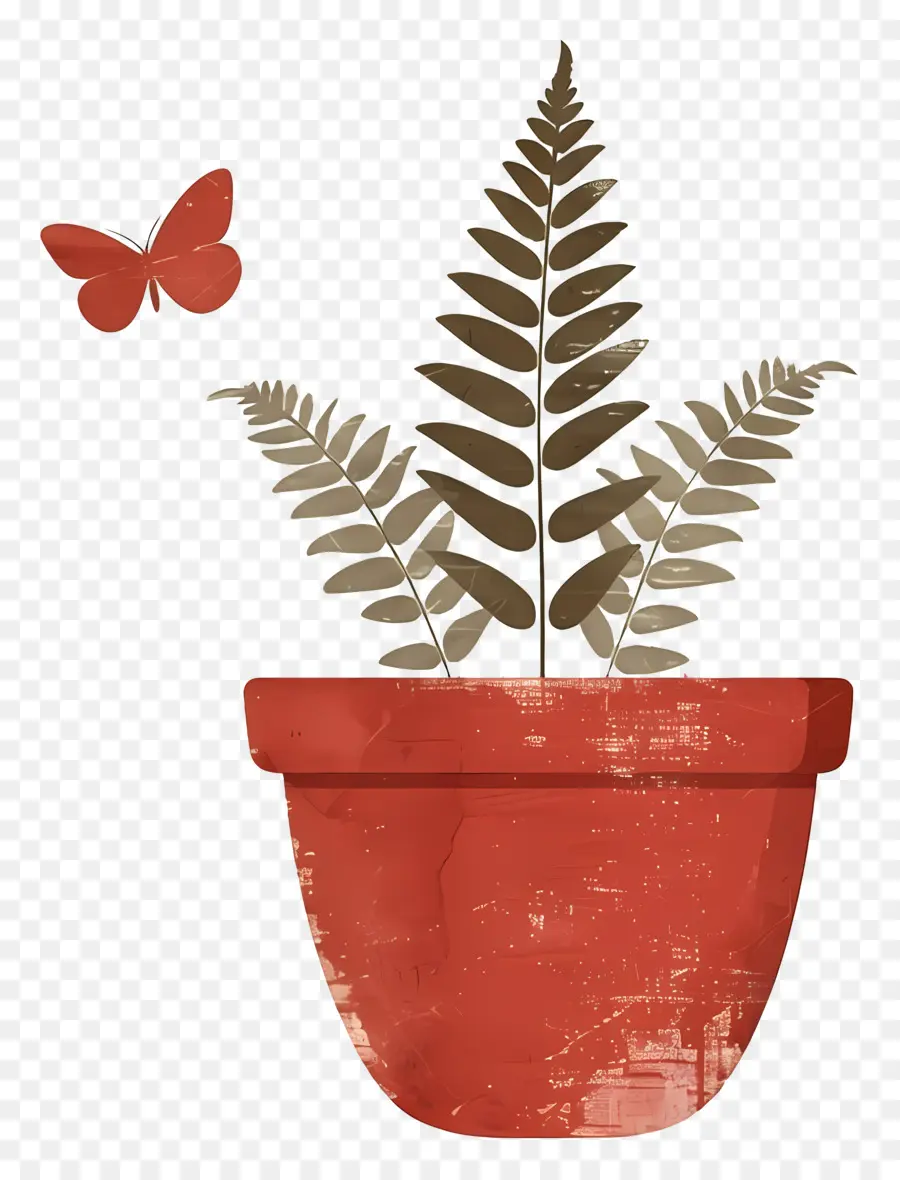 Fougère，Papillon Et Plante En Pot PNG