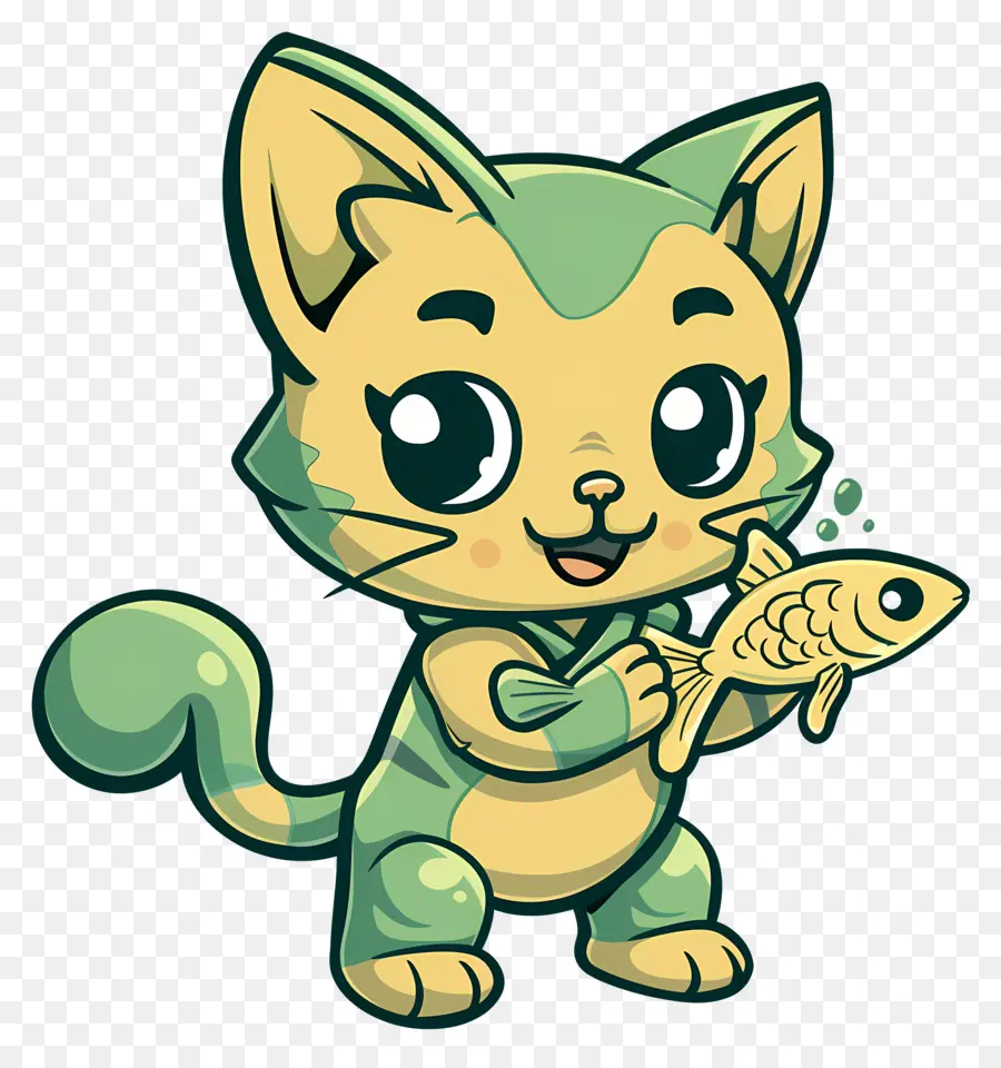 Chat Tenant Du Poisson，Chat De Dessin Animé PNG