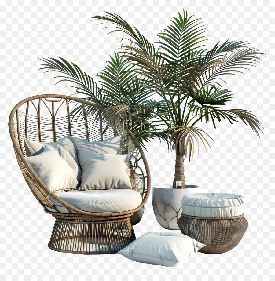 Mobilier D'extérieur，Chaise Et Plantes En Rotin PNG