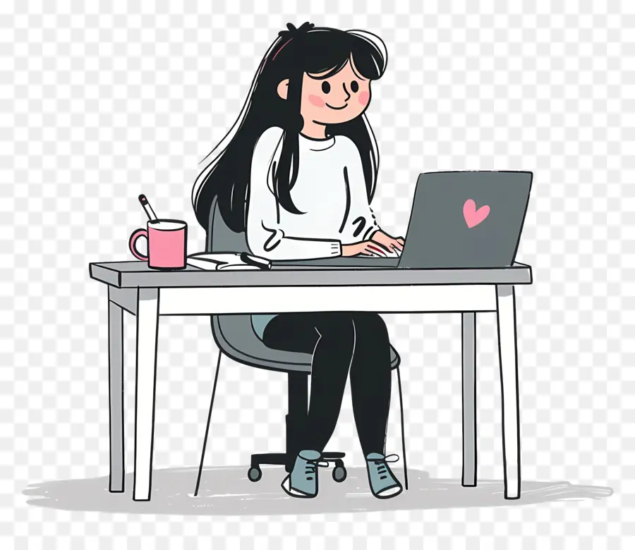 Cartoon Femme Travaillant，Ordinateur Portable PNG