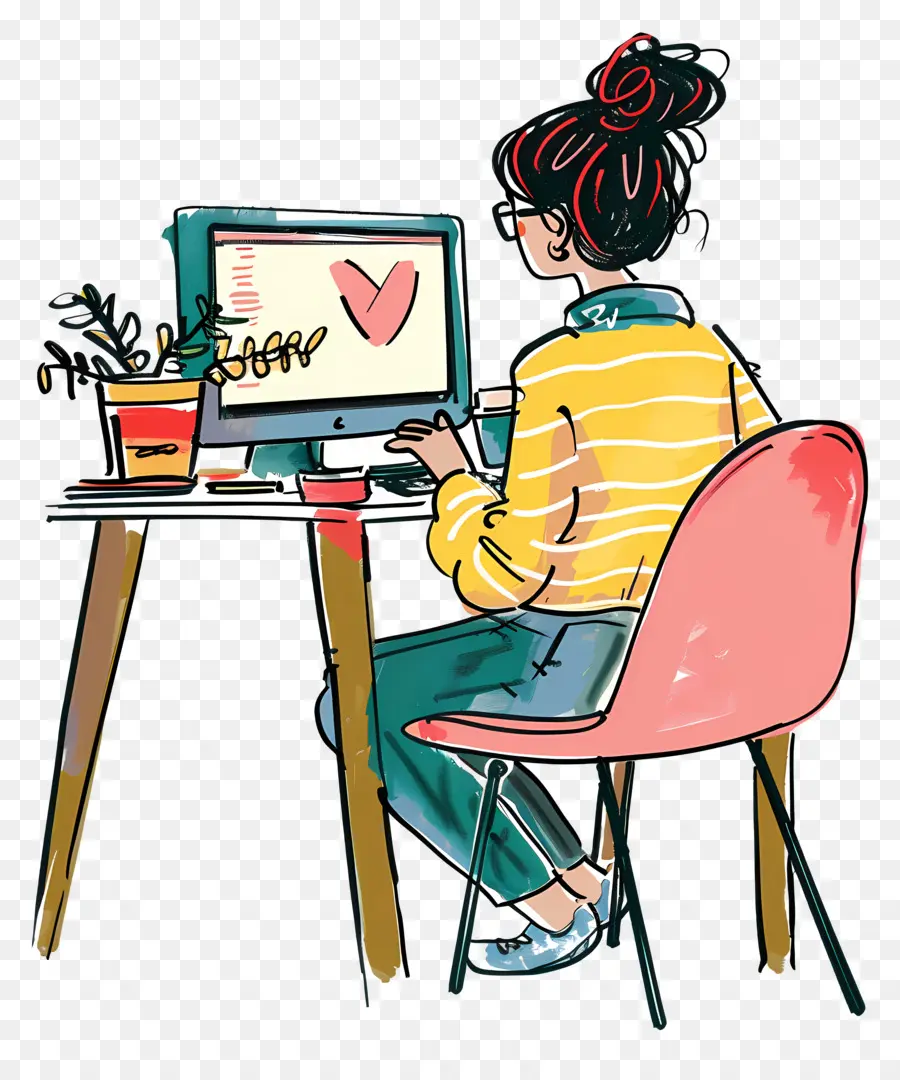 Cartoon Femme Travaillant，Femme Typing PNG