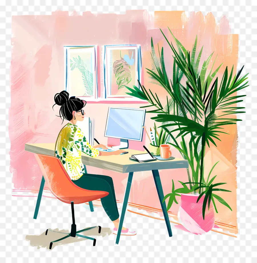 Cartoon Femme Travaillant，Bureau à Domicile PNG