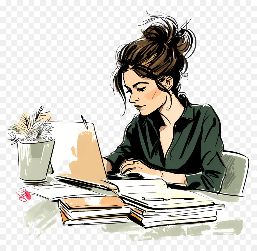 Cartoon Femme Travaillant，Ordinateur Portable PNG