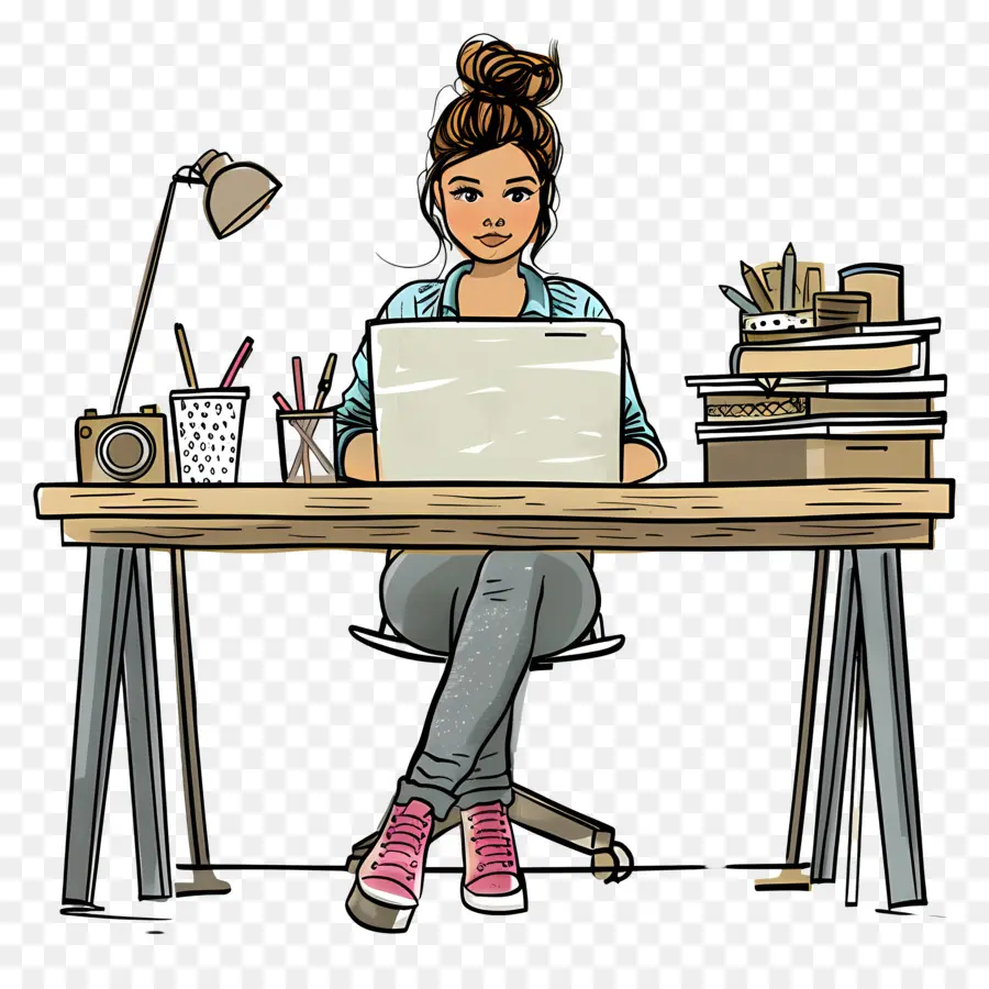 Cartoon Femme Travaillant，Ordinateur Portable PNG